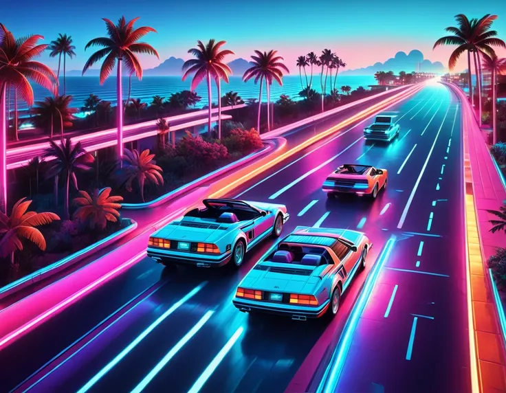 OutRun, synthwave style, 1980s retro aesthetic, Retro Wave, palm trees, coastline on left and right, road in middle, "Overseas Highway", Cyan blue transparent sea, The sky above is blue, orange and pink tropical sunset. Red Ferrari Testarossa-style convert...