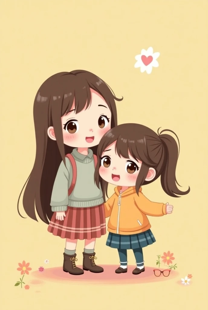 Label of mom with small brown eyes ,  long hair with her daughter  with small brown eyes and rough hair kawaii cartoon 