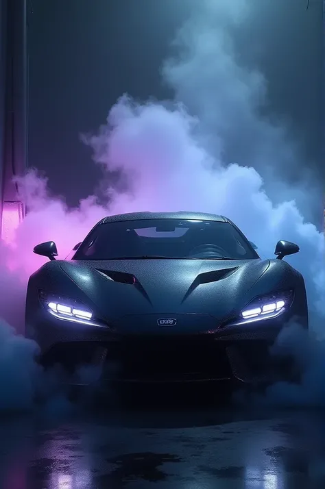 realistic wallpaper images. super detailed. an evil looking sports car, with lights resembling eagle eyes. looks like a hunter, metallic black color. purple blue flame burning effect. black background and thick smoke. gives a dramatic impression. (official...