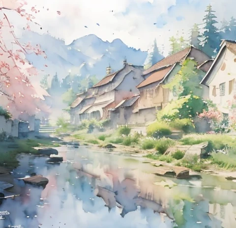 (masterpiece:1.2, Best Quality),( very detailed),(((watercolor))),8k, wallpaper,European Landscape,Old Town,(((透明watercolor)))