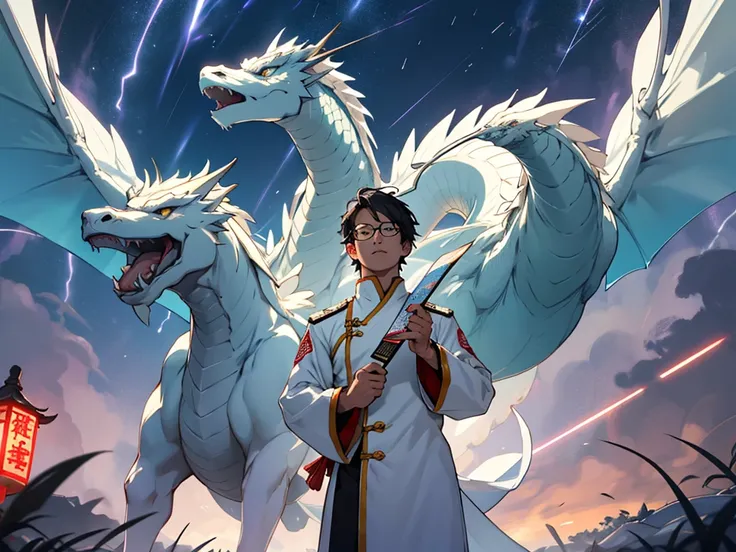 Dosa, wearing a Chinese-style white uniform and glasses holding a fan, poses in front of a white dragon with one Chinese head flying in the sky on a night when lightning is pouring in.