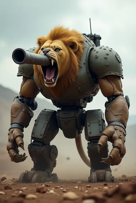 The main gun barrel emerges from the lion’s mouth, resembling a roaring effect. Its sides have tank treads, integrated with the lion’s legs for mobility, with sharp claws that dig into the ground. The entire design should appear fierce, powerful, and heavi...