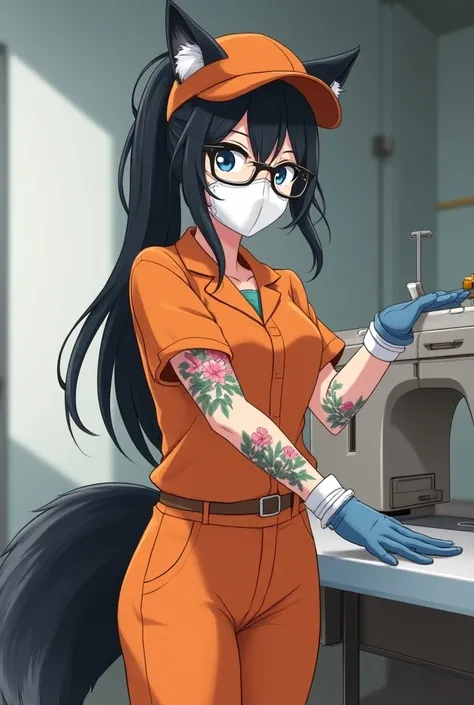 A female prisoner is working sewing shirt in a sewing factory site, Long ponytail black hair , Black fox ears, Black fox tail, No human ears, Wear glasses and blue eyes, lily and rose flowers tattoos on her arms, White plastic wristband on her right arm, O...