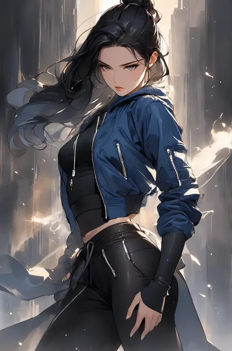 stylish blue bomber jacket with hoodie over a fitted black crop top.