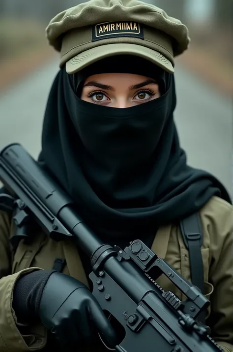 A girl wearing a black headscarf, her face covered with a black niqab, wearing black gloves, wearing a hat the color of an army uniform and on the hat is the word "Almira", she is wearing a jacket the color of an army uniform, and her hand is holding a rif...