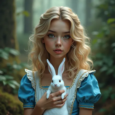 (1 girl, Alice in Wonderland, beautiful detailed eyes, beautiful detailed lips, extremely detailed face, long eyelashes, medium curly blonde hair, holding a white rabbit, standing in a magical forest, (best quality,8k,highres,masterpiece:1.2),ultra-detaile...