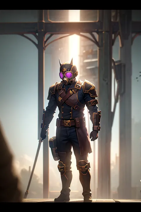 Male, Piltover Enforcer, wearing custom gas mask with tinted goggles, custom helmet, and custom riot armor plus gloves, no visible face, standing at attention, arms at sides, lone figure, fully in frame, full body shot, facing viewer, body visible in shot,...