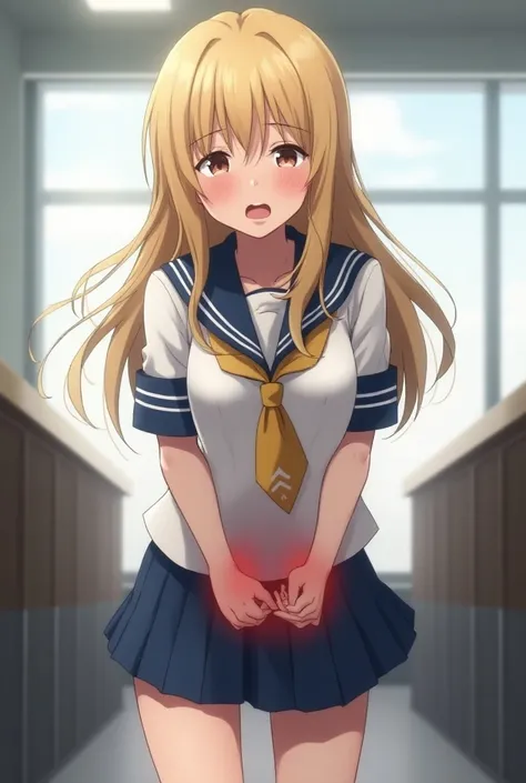  blonde girl in Japanese sailor bikini school uniform clutching her crotch because it hurts to look at the photo from behind