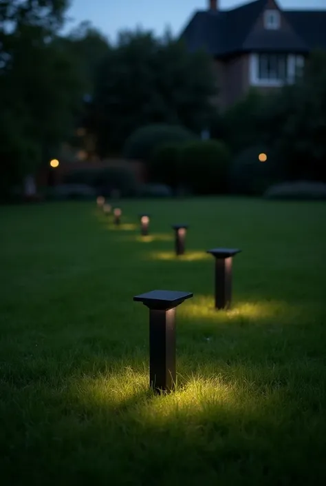 The lawn is randomly illuminated with vertical, low tray-shaped bollards. bega lighting 제품 사용. 