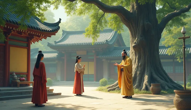  Confucius gives lessons to the students ，Inside the courtyard Taisei Gate， There is an upright and towering Japanese cypress tree ， The north side of the cypress tree is the yellow tile Zhu Pillar，Exquisitely painted ， A small and exquisite apricot altar ...