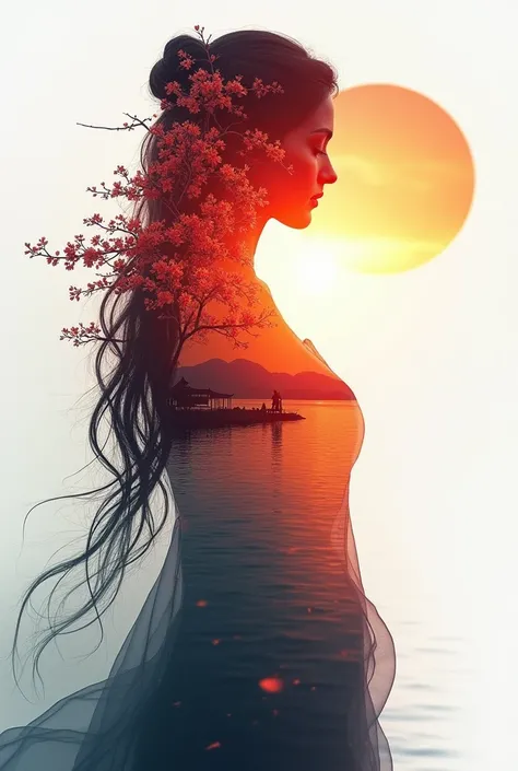 high quality, 8K Ultra HD, A beautiful double exposure that combines an goddess silhouette with sunset coast, sunset coast should serve as the underlying backdrop, with its details incorporated into the goddess , crisp lines, The background is monochrome, ...