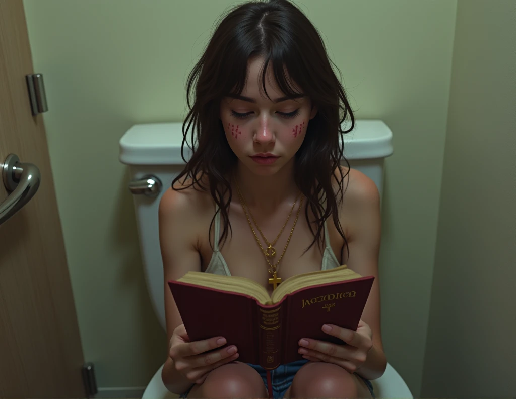 sixteen year old brunette girl with a nose ring and a gold cross necklace sitting on the toilet reading a bible while shitting. Digital Art. Explicit.