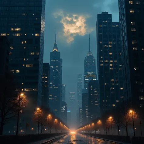 the city skyscrapers . multi lightening . in the windows the persons like siluettes . all dramatic dark mode. there is a street with no cars no pedestrians. only bubbles of light around . in the sky is a sad face made with clouds