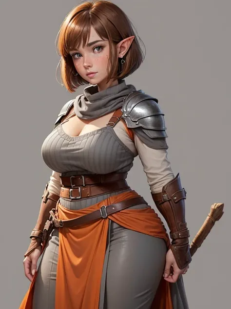 ((Best quality))) (((HD))) (((8K))) (Character) 20-year-old woman, ((Adventurous)), elf, ((Beautiful)) and ((cheerfulness)), (freckles),  ((brown hair)) and ((hair just touching shoulders:1.2) and (bob cut))), voluptuous and chunky design, Brown hair body ...