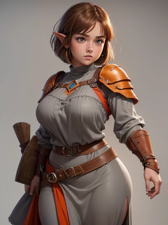 ((Best quality))) (((HD))) (((8K))) (Character) 20-year-old woman, ((Adventurous)), elf, ((Beautiful)) and ((cheerfulness)), (freckles),  ((brown hair)) and ((hair just touching shoulders:1.2) and (bob cut))), voluptuous and chunky design, Brown hair body ...