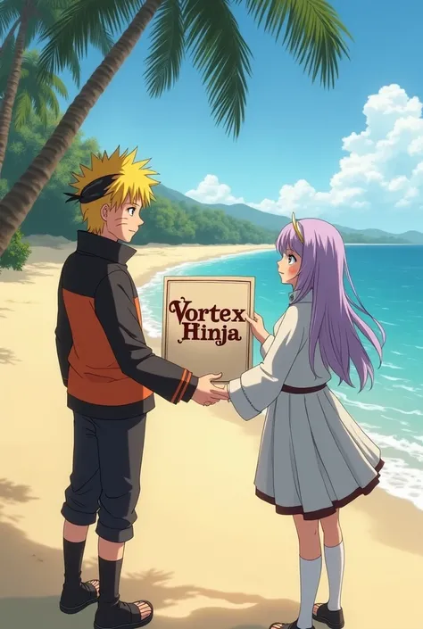 Naruto in old money style. Background will be on a beach. His holding hands with hinata. They are showing a poster to someone infront of them. The poster name will be (VORTEXNINJA).