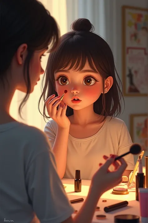 A girl who is learning to do makeup