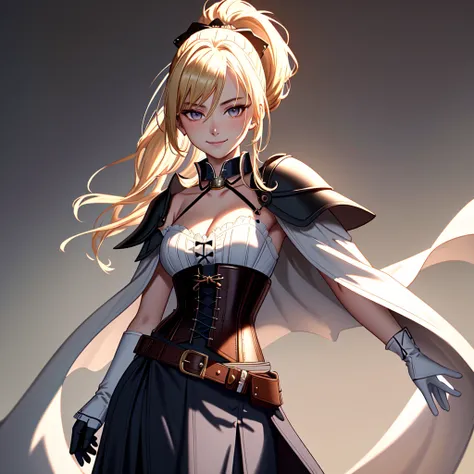 masterpiece,(suttungly beautiful 1woman solo anime style),sharp face,anime nose,細い頬,blonde hair,ponytail,glare,smile,closed mouth,full body,(knight),detachable collar,cloak with a stand-up collar,collared neckwear,stand and collar wear,cape,arm sleeve,whit...