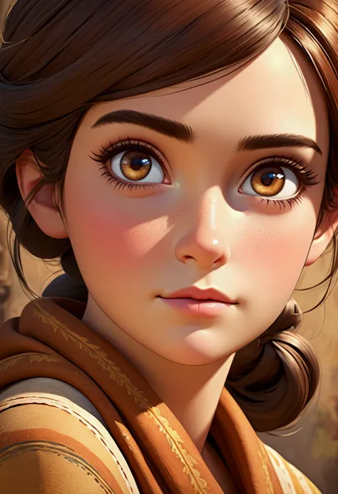 Create a 3D Pixar image, old painting style, of a very slanted female left eye, with very large brown eyelashes