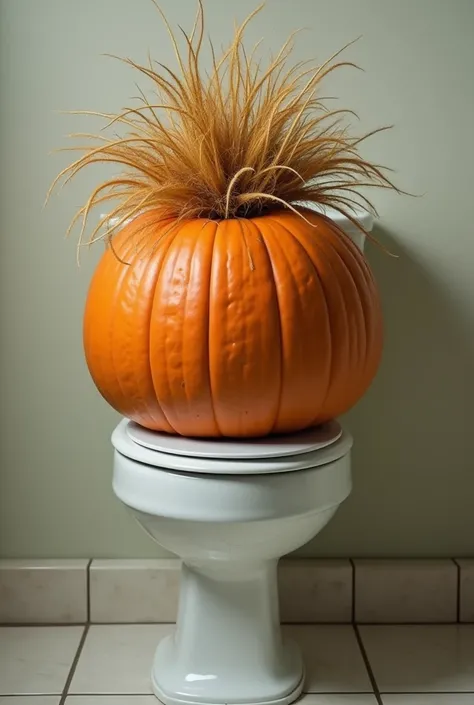 orange pumpkin with hair growing on it on top of a toilet 