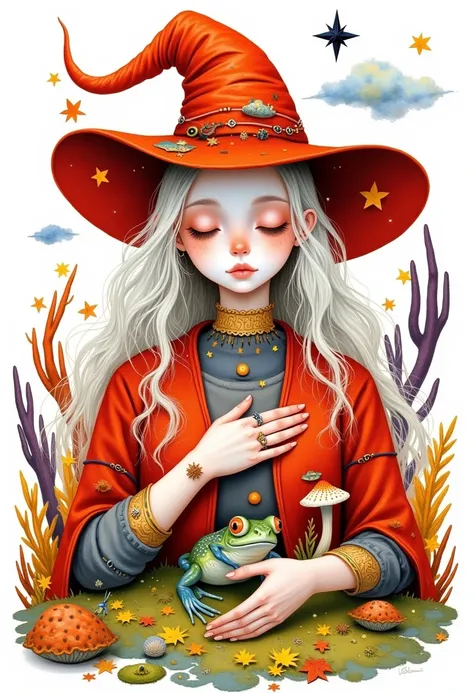   young woman ,   closed eyes  , red witch hat  ,   holding a frog in their hands,  fly agarics ,  jewelry  , autumn leaves,  long hair, Compose ,   white hair,Painting (medium),   red shirt,  signature  ,simple background,One,  A star   (sky),  A star   (...