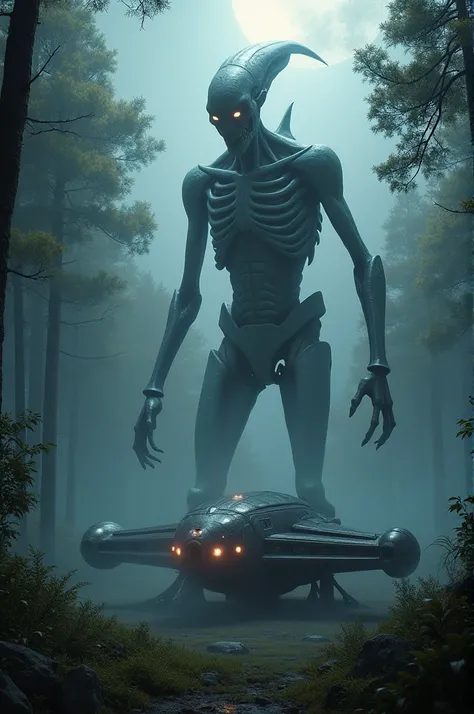 Scary alien next to a super realistic spaceship in the middle of the forest on a foggy night 