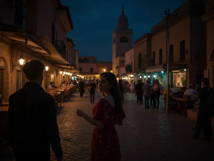 Its a dark night, a light addition, a small Moroccan village, many restaurants. A beautiful young man stands with a girl in the middle of a bus station