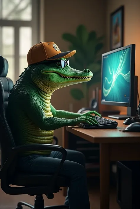 alligator wearing a cap and sunglasses playing league of legends on the computer