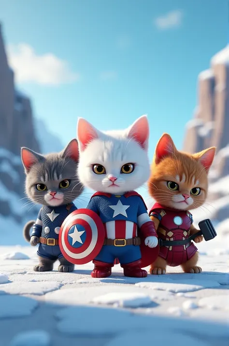 Animated white kitty in captain america costume with ironman kitty and thor kitty avengers standing on ice land angry faces