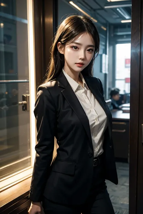 girl,  Office look, ([ononbarebal ),   Spots under the eyes  , Seoul Gangnam COEX background , 8k,   high-end quality, masterpiece,    realistic,    super high resolution   ,    vibrant color   , Professional lighting, Cinematic, Dynamic pose, dramatic lig...