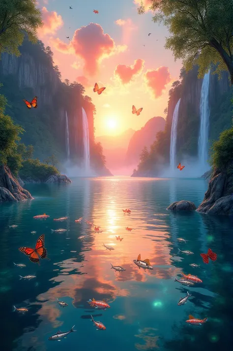 Create a landscape with waterfalls and a sunset in the water there are fish and butterflies in the sky