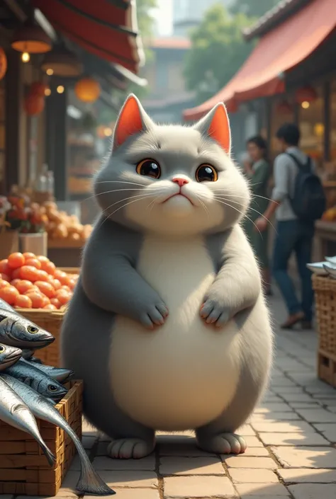 A grey and chubby cat mother goes to shop and get fish 