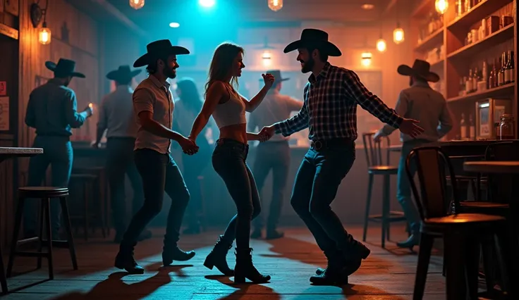 Ultra-realistic image of men and women dancing together in a cowboy bar at night. The scene has a dark atmosphere with minimal lighting, mainly blue and orange lights casting dramatic shadows across the scene. The people appear realistic, wearing casual co...