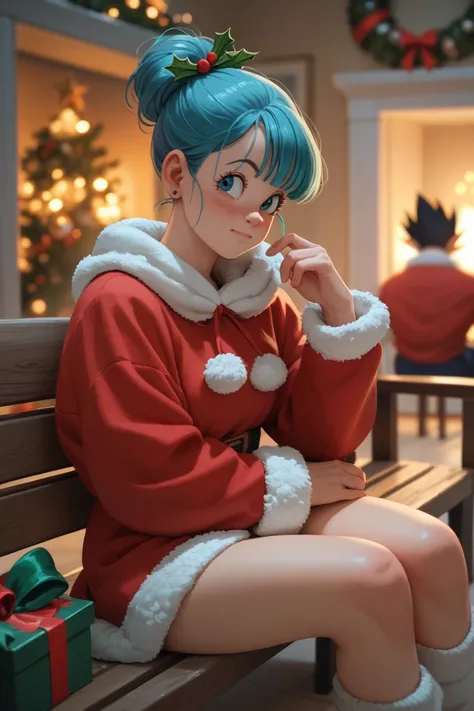 Black-haired Vegeta in Christmas clothes and Bulma a blue-haired woman in Christmas clothes sitting on a scorched bench watching as it SNOWS