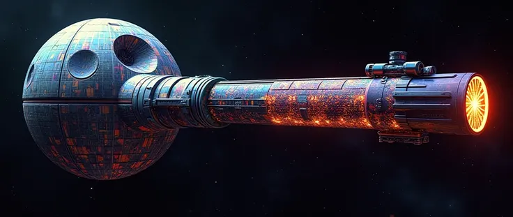 Death star with giant futuristic rifle barrel at the barrel, covered in rainbow batik pattern and glowing rainbow rune symbols