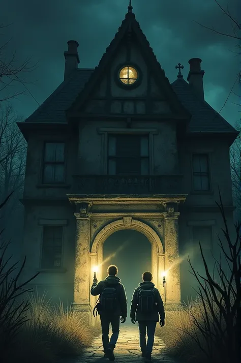 One day two men went inside the scary mansion and had torches and cameras in their hands.