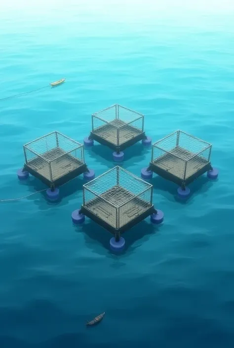 create an image that depicts an ocean with four fish cages that are square and in the middle of the fish cages there is a boat and all the fish cages have two large plastic drums that support them to float the four that fish cage.

just only 4 fish cage in...