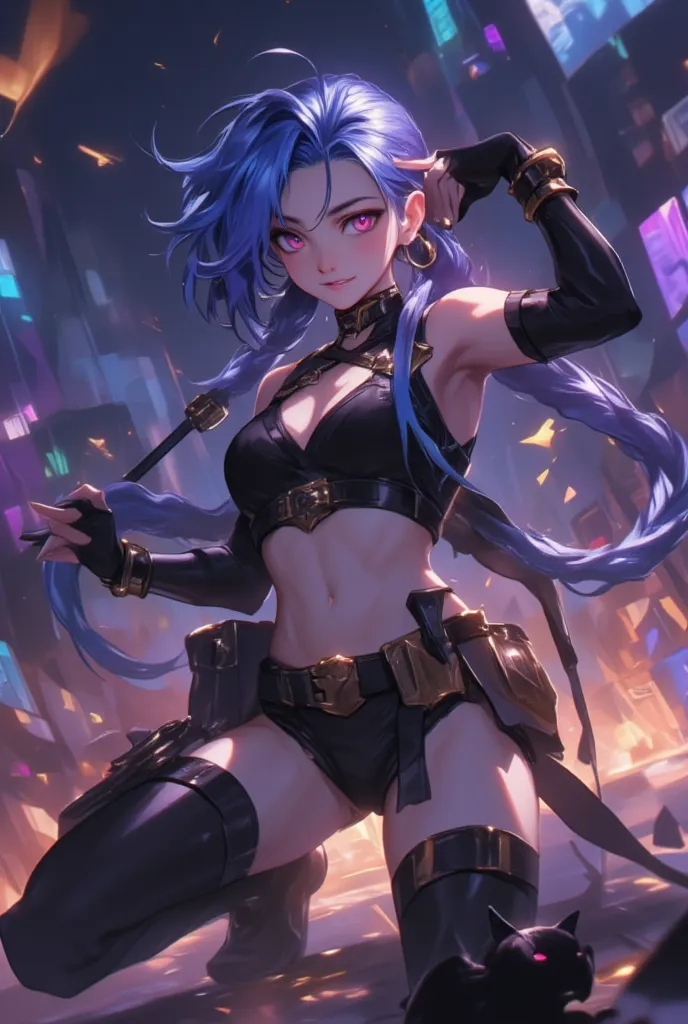 リーグオブレジェンドのjinxの足元を歩く黒猫,(((black cat at your feet)))、jinx, league of legends ,jinxlol、 details、masterpiece、 high quality、 hi-res