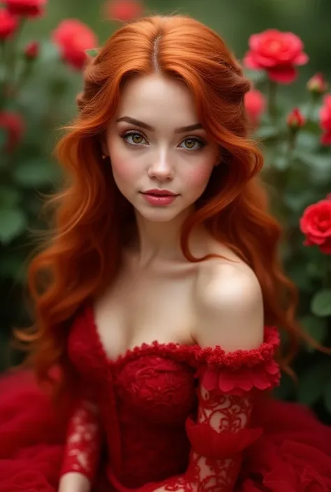 princess, red dress, close up, red long hair, brown eyes, hd, rose garden background, portrait bokeh