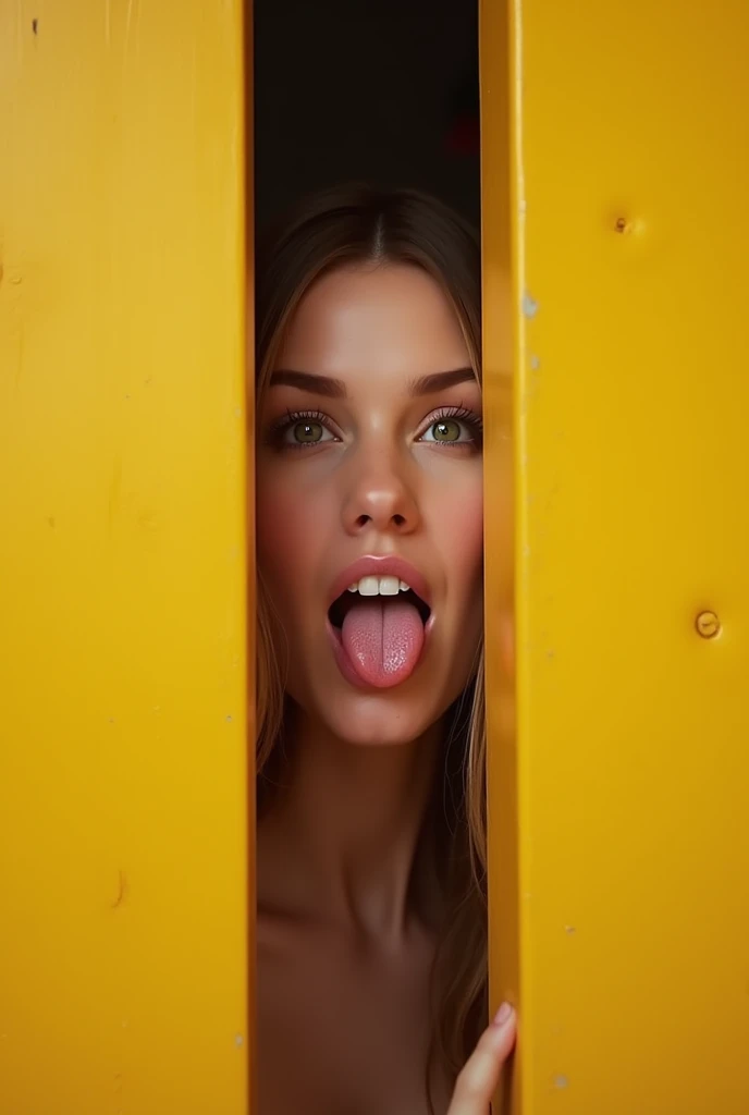 female mouth, she has her tongue slightly out of her mouth as if she is waiting to put something in her mouth, she is on the other side of a thin, yellow wooden wall.