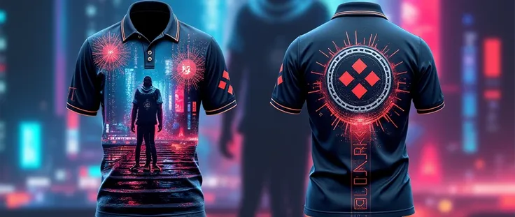 full sublimation creative cyberpunk design polo shirt design style about cryptocurrency and Binance.Provide me each front design and back design of it