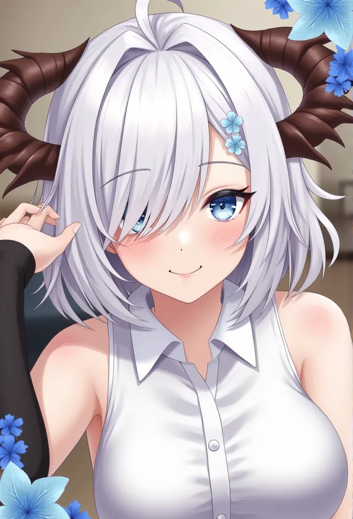 1girl,, bare shoulders, breasts, medium breasts, short hair, white hair, hair over one eye, bangs, gloves, sleeveless, solo, shi...