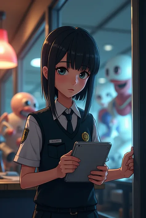  A security guard at the restaurant ,  his young appearance with straight black hair ., wearing security uniform ,  together with his flashlight and a tablet from security cameras , And hes watching the restaurant and watching the animatronics from the off...