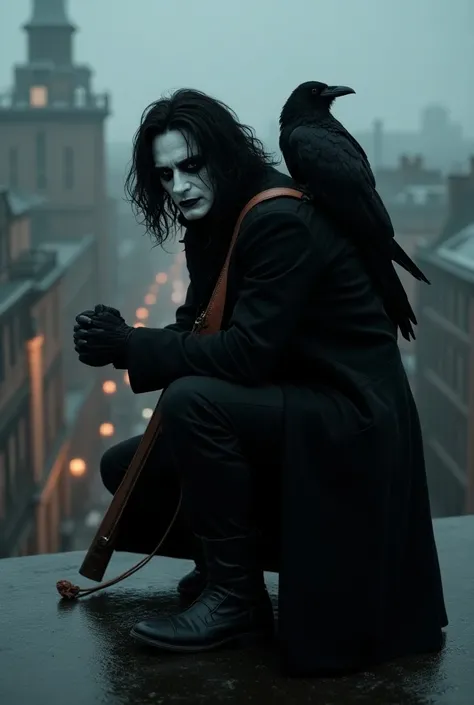 The Crow, Brandon Lee Cinema poster of the character "The Crow". A hyper-realistic cinematic image of The Crow on the roof of a gothic city building. (( The Crow V.IT Face, White face with black makeup )), He can see the city and the street lights. The Cro...