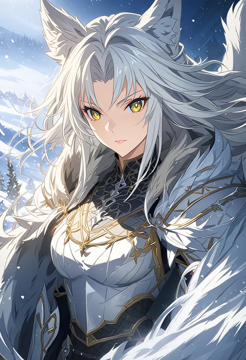 beautiful anime woman in knight armor, wolf ears, wolf tail, half wolf and half human, yellow eye color, white hair, light novel...