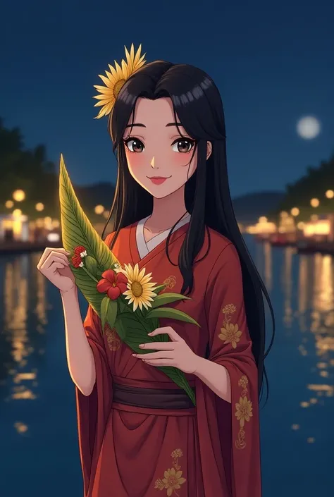 Anime cartoon Thailand woman with long black hair Wear a Thailand dress and cover it with a diagonal sash. Carrying a krathong made from banana leaves and beautiful flowers Standing next to the river at night There are beautiful lights.