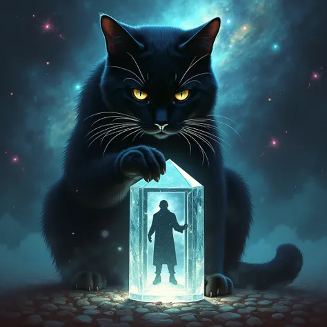 masterpiece, 1 black cat,The black cat is sitting 、 holding its hand over the crystal, Im casting a spell、Round crystal（The figure of a man opening a door is shown）, The background is cosmic,from below, Dutch angle,Front blur, 