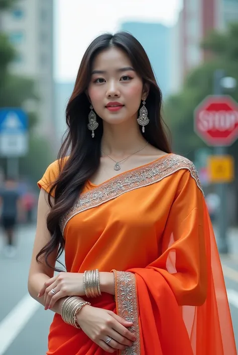 Korean woman stands confidently on an urban street, dressed in a merah saree with silver embroidery along the edges, creating a graceful, elegant appearance. She pairs the saree with a sleeveless blouse in a matching color, accessorized with large, intrica...