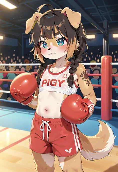 masterpiece, high resolution, best quality, baby body, baby height, flat chest, baby face, furry doggirl doing boxing, sportswear, dog ears, dog tail, fluffy fur, multicolored hair, twin braids, piercing, makeup, tattoo, public