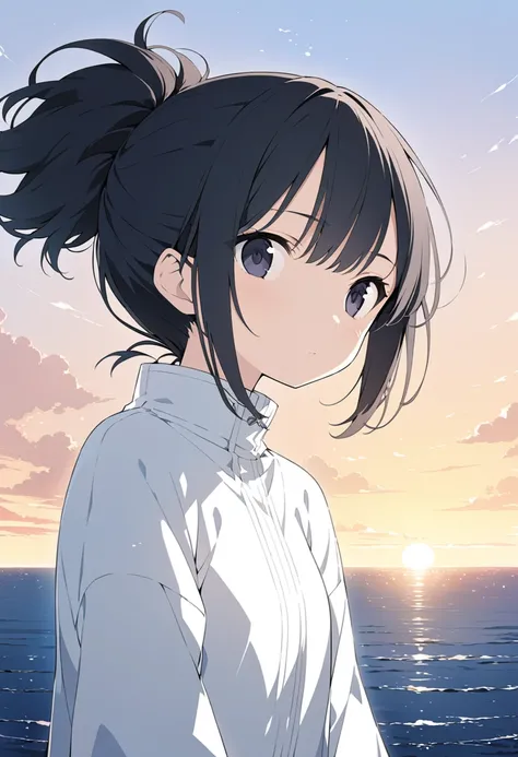 Expressionless, upper body,Mid,Best Quality,Super detailed,1 cute girl,, Black Hair, Short Ponytail , perfection, Behance HD,  clean line drawing near the ocean ,  Anime Illustration , IVORY LONG SLEEVE  ,海の近くにいる,sunset
